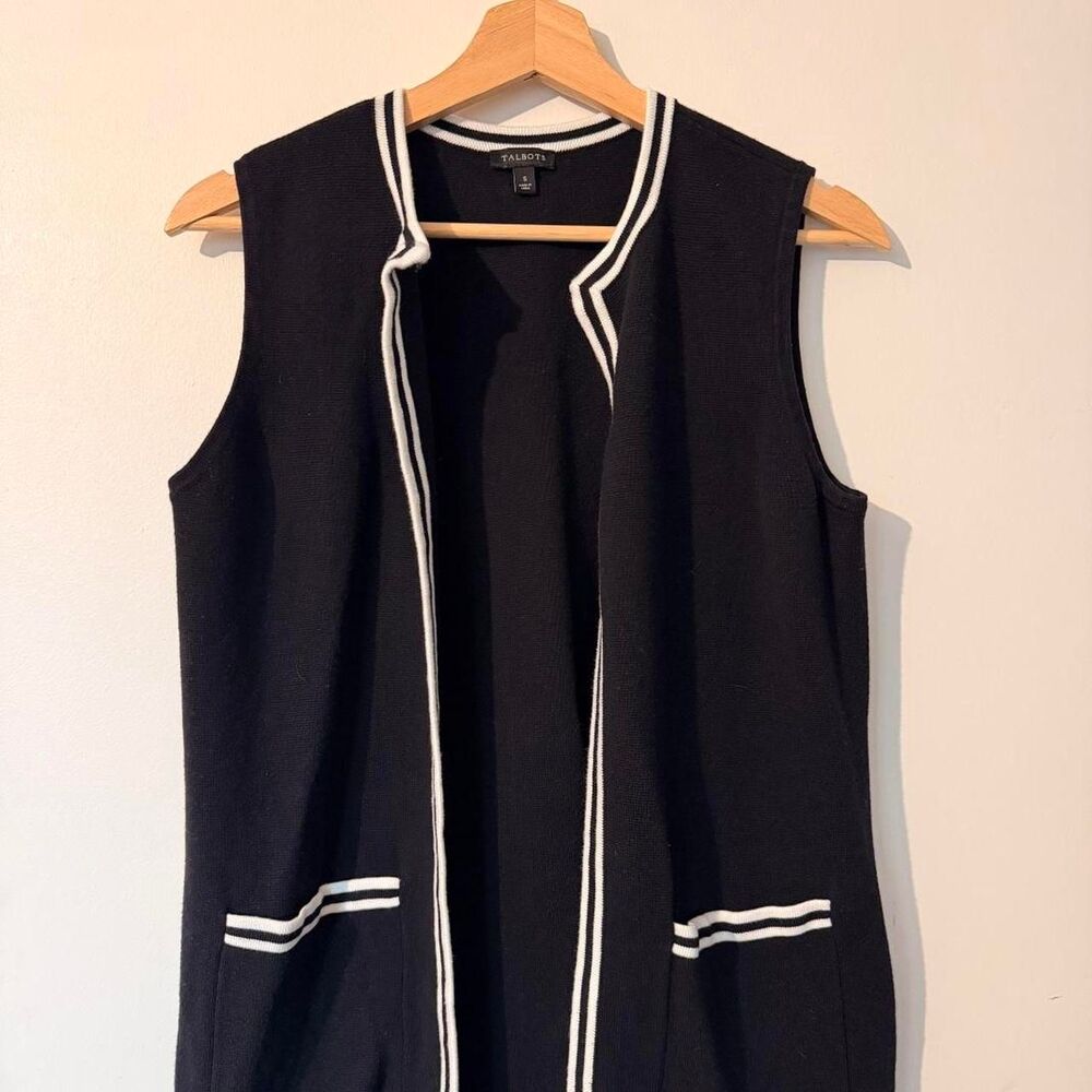 Talbots Black Longline Knit Vest with Contrast Piping